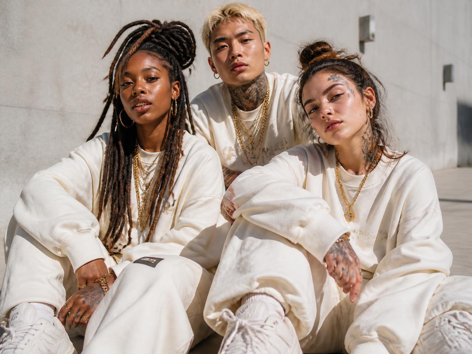 HEYEAH crew — models with dreadlocks, tattoos, piercings and gold chains in bright hip-hop editorial