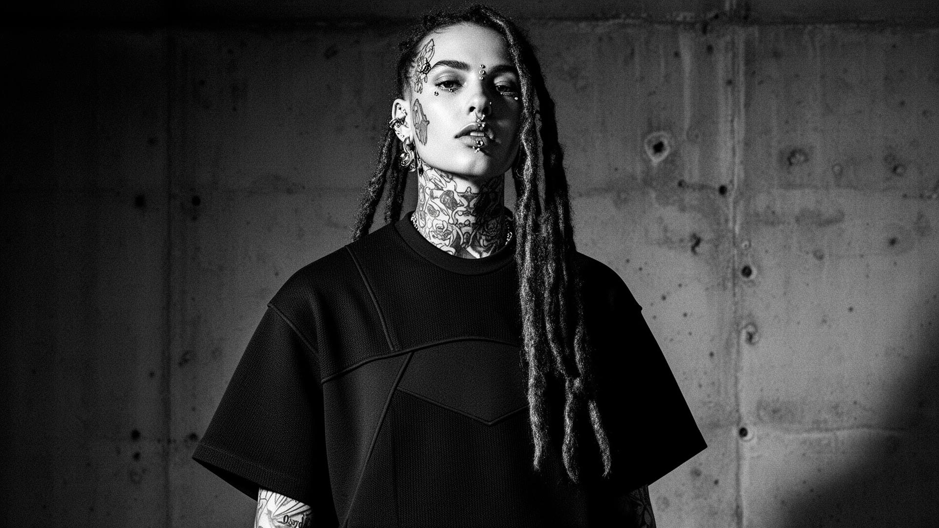 HEYEAH portrait — model with tattoos, piercings and dreadlocks in concrete setting